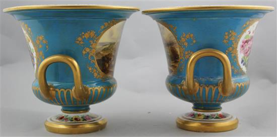 A pair of Copeland and Garrett gilt and turquoise porcelain campana urns, c.1840, 19cm